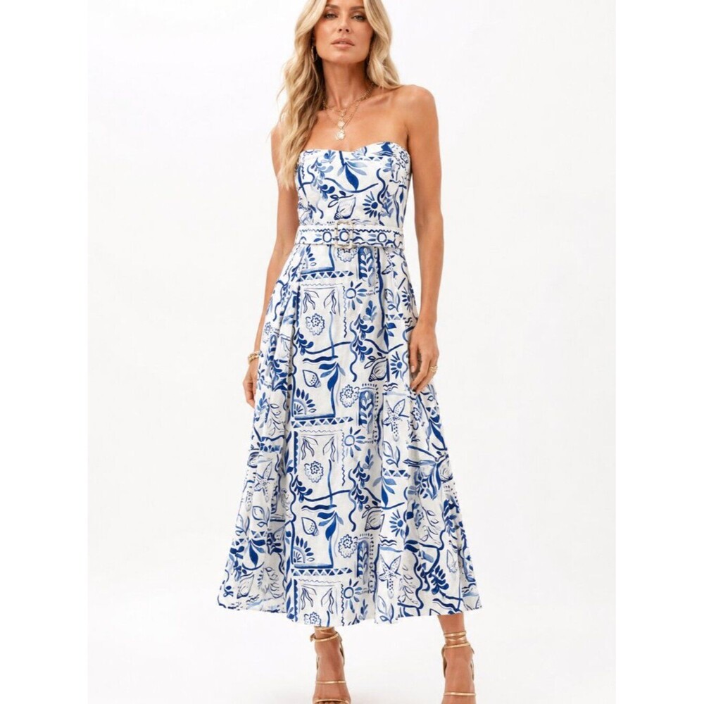 Rachel Zoe Strapless Midi Dress Women 10 White Navy Summer Tie Belt Resort Dress